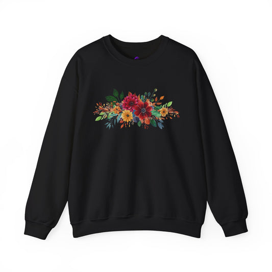 Floral Bouquet Crewneck Sweatshirt — Autumn Red & Orange Flower Design