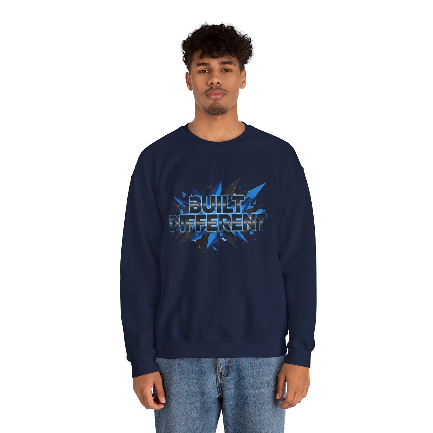 Sweatshirt — "Built Different" Graphic Crewneck (Bold Blue Burst)