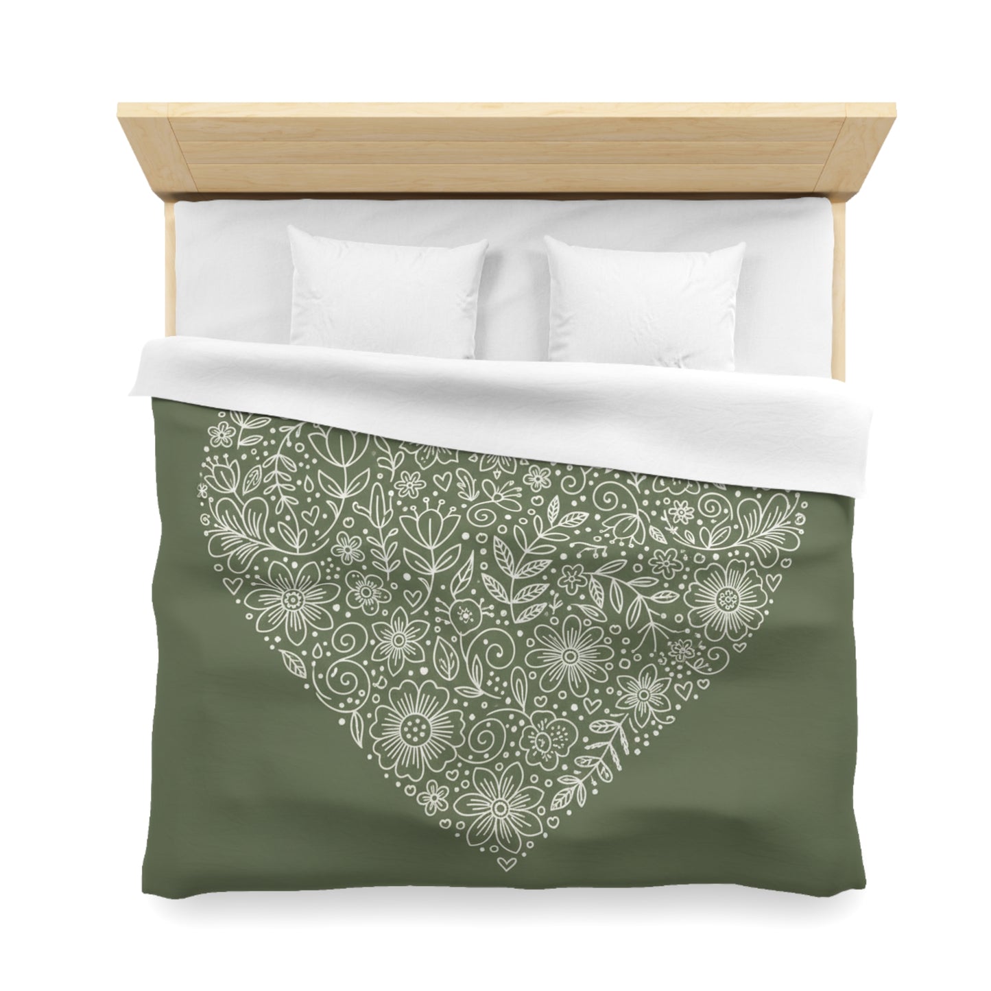 Floral Heart Duvet Cover – Olive Green Microfiber Bedding