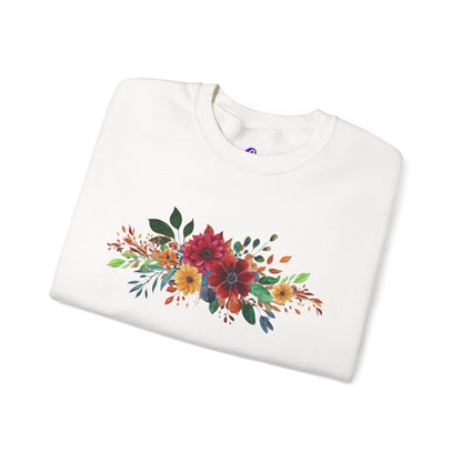 Floral Bouquet Crewneck Sweatshirt — Autumn Red & Orange Flower Design