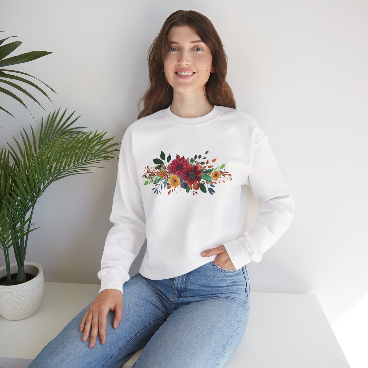 Floral Bouquet Crewneck Sweatshirt — Autumn Red & Orange Flower Design