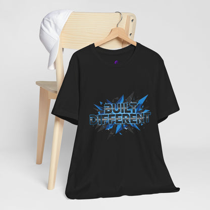 Built Different Graphic Tee — Bold Blue Comic-Style 'Built Different' T-Shirt
