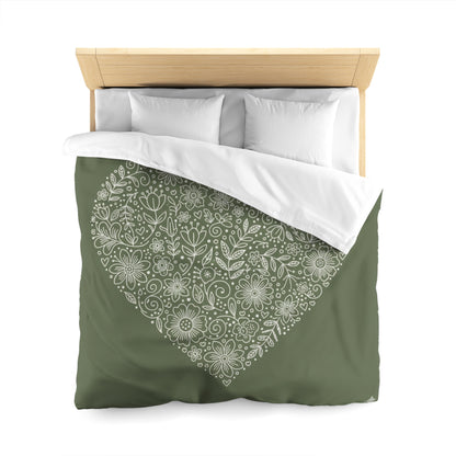 Floral Heart Duvet Cover – Olive Green Microfiber Bedding