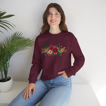 Floral Bouquet Crewneck Sweatshirt — Autumn Red & Orange Flower Design