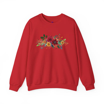 Floral Bouquet Crewneck Sweatshirt — Autumn Red & Orange Flower Design