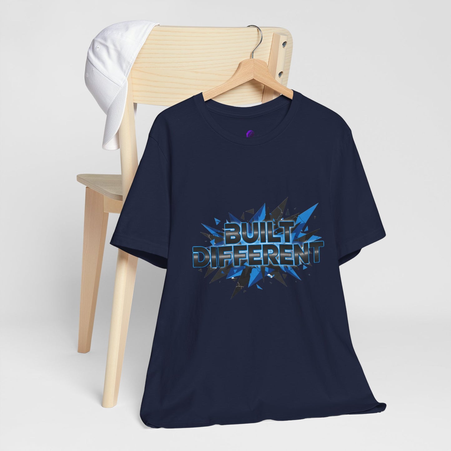 Built Different Graphic Tee — Bold Blue Comic-Style 'Built Different' T-Shirt