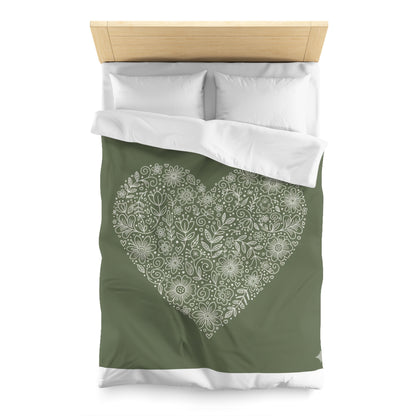 Floral Heart Duvet Cover – Olive Green Microfiber Bedding