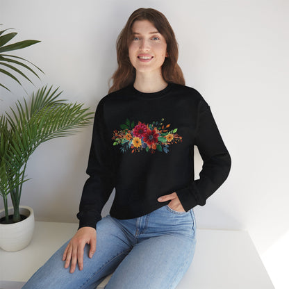 Floral Bouquet Crewneck Sweatshirt — Autumn Red & Orange Flower Design