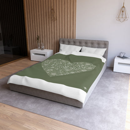 Floral Heart Duvet Cover – Olive Green Microfiber Bedding