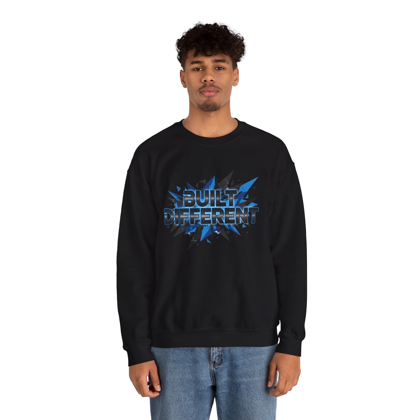 Sweatshirt — "Built Different" Graphic Crewneck (Bold Blue Burst)