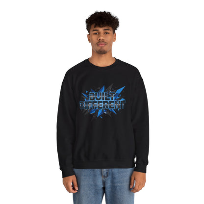 Sweatshirt — "Built Different" Graphic Crewneck (Bold Blue Burst)