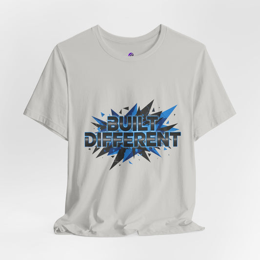 Built Different Graphic Tee — Bold Blue Comic-Style 'Built Different' T-Shirt