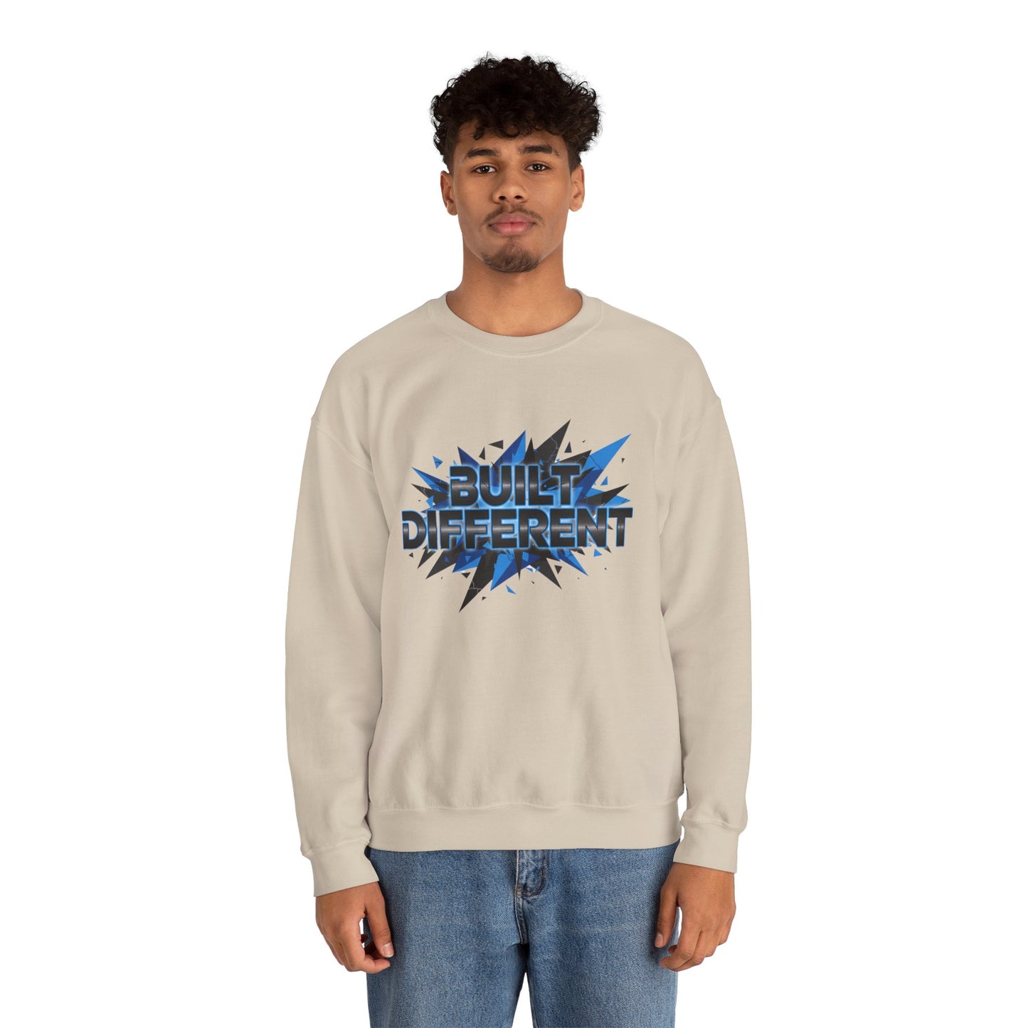 Sweatshirt — "Built Different" Graphic Crewneck (Bold Blue Burst)
