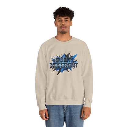Sweatshirt — "Built Different" Graphic Crewneck (Bold Blue Burst)