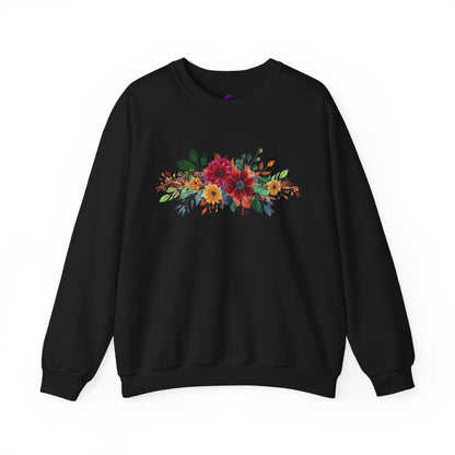 Floral Bouquet Crewneck Sweatshirt — Autumn Red & Orange Flower Design