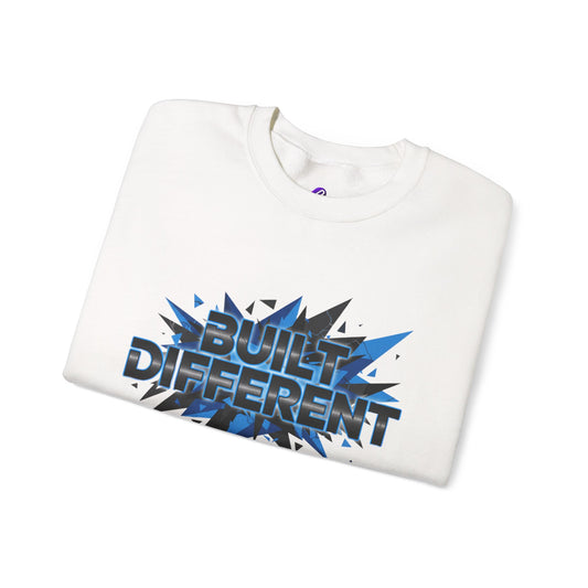 Sweatshirt — "Built Different" Graphic Crewneck (Bold Blue Burst)