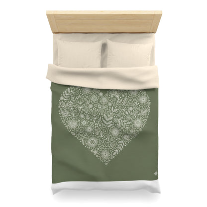 Floral Heart Duvet Cover – Olive Green Microfiber Bedding
