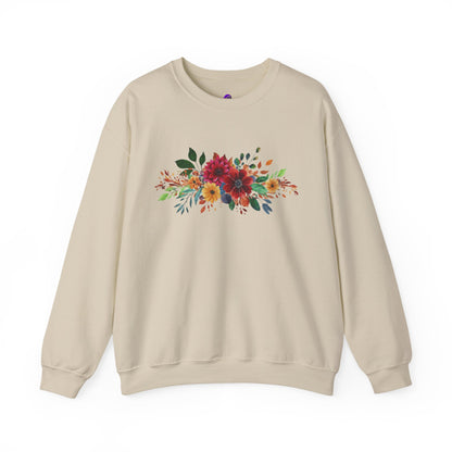 Floral Bouquet Crewneck Sweatshirt — Autumn Red & Orange Flower Design