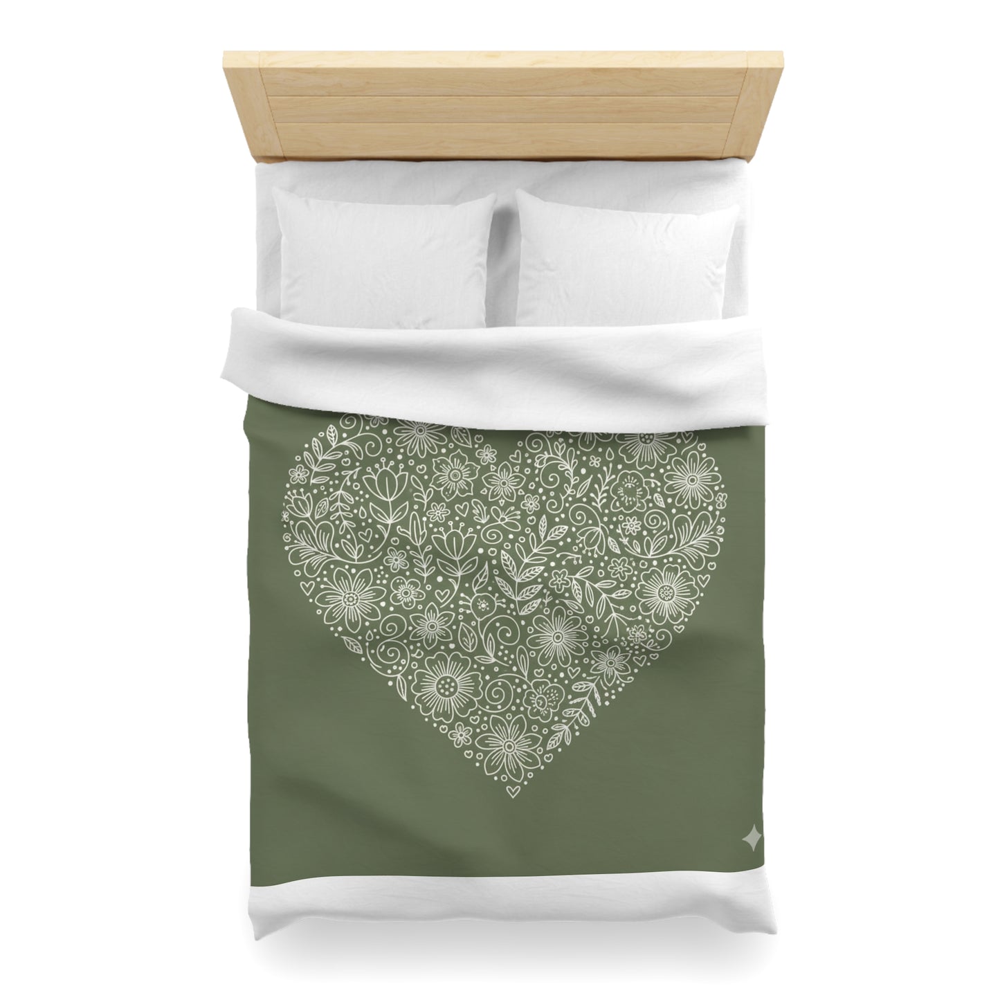Floral Heart Duvet Cover – Olive Green Microfiber Bedding