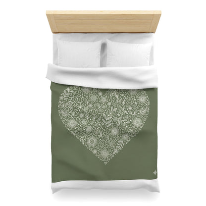 Floral Heart Duvet Cover – Olive Green Microfiber Bedding