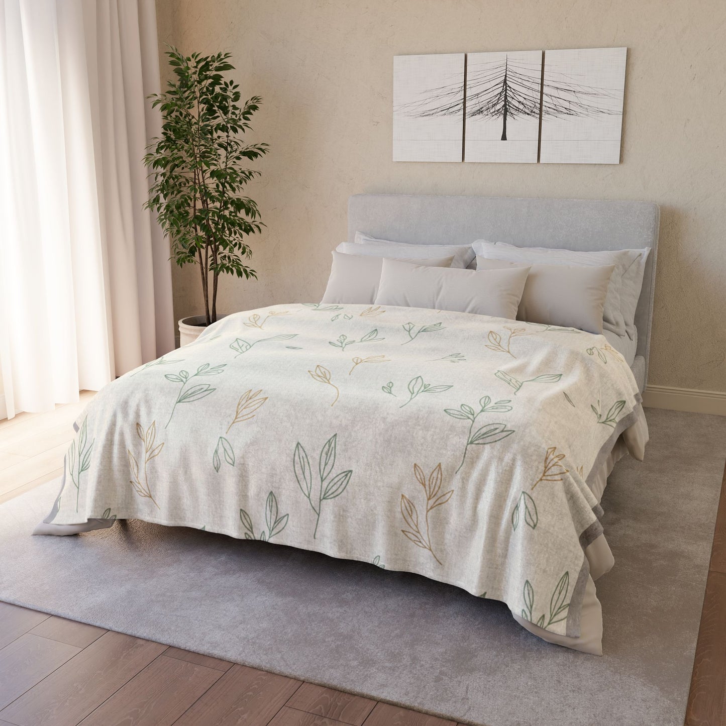 Botanical Leaf Throw Blanket — Soft Polyester Neutral Floral Nursery Blanket