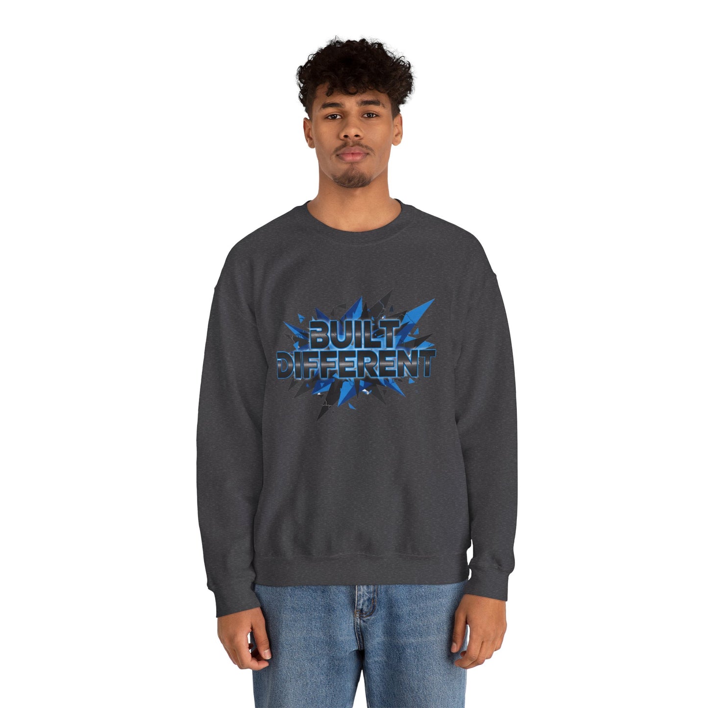 Sweatshirt — "Built Different" Graphic Crewneck (Bold Blue Burst)
