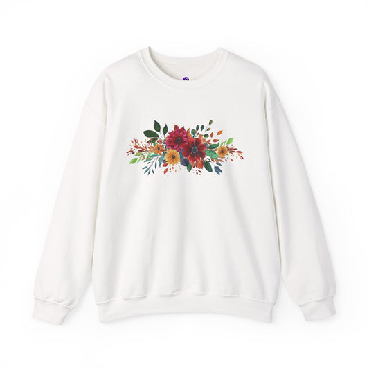 Floral Bouquet Crewneck Sweatshirt — Autumn Red & Orange Flower Design