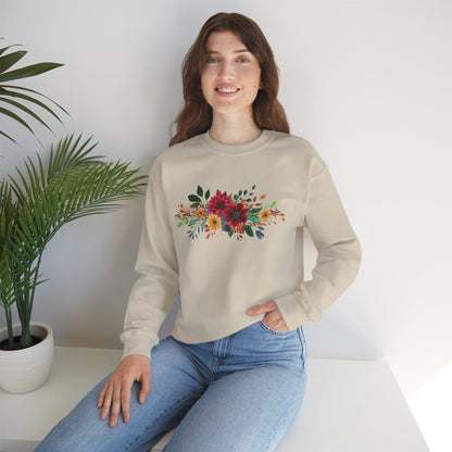 Floral Bouquet Crewneck Sweatshirt — Autumn Red & Orange Flower Design