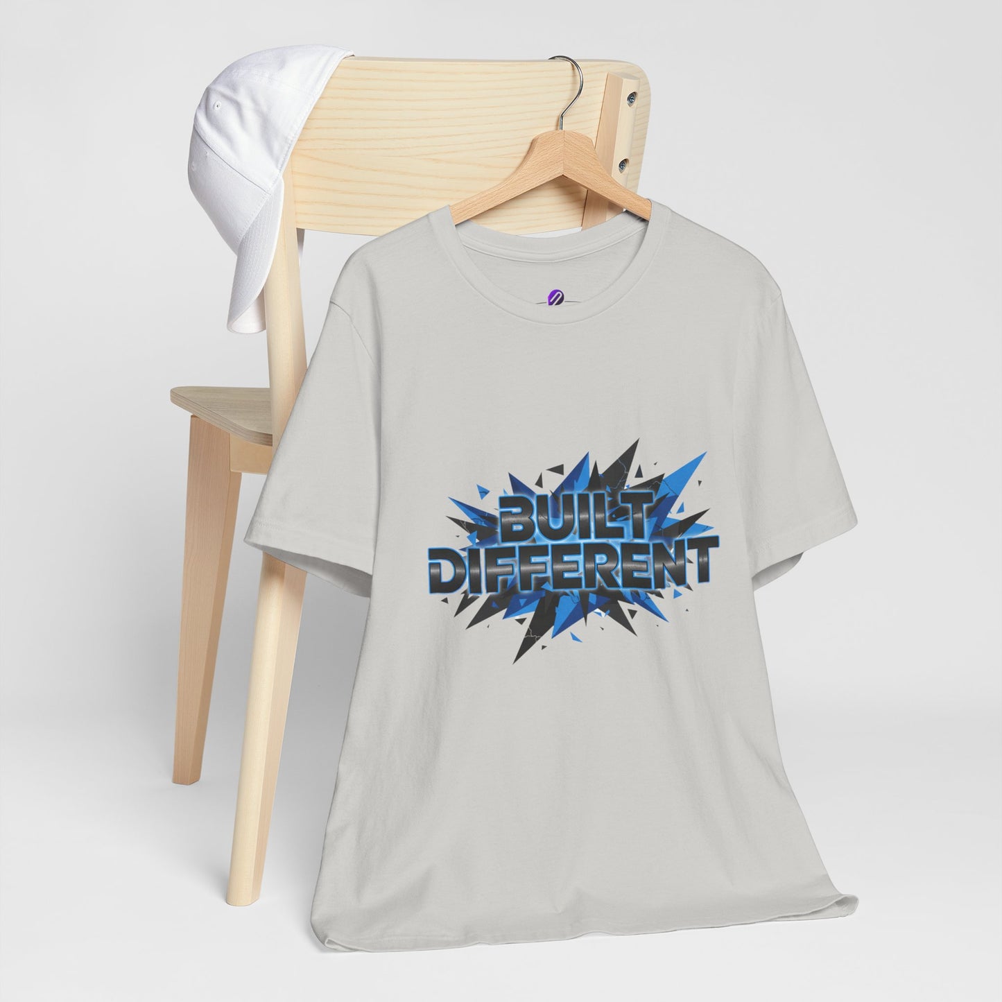 Built Different Graphic Tee — Bold Blue Comic-Style 'Built Different' T-Shirt