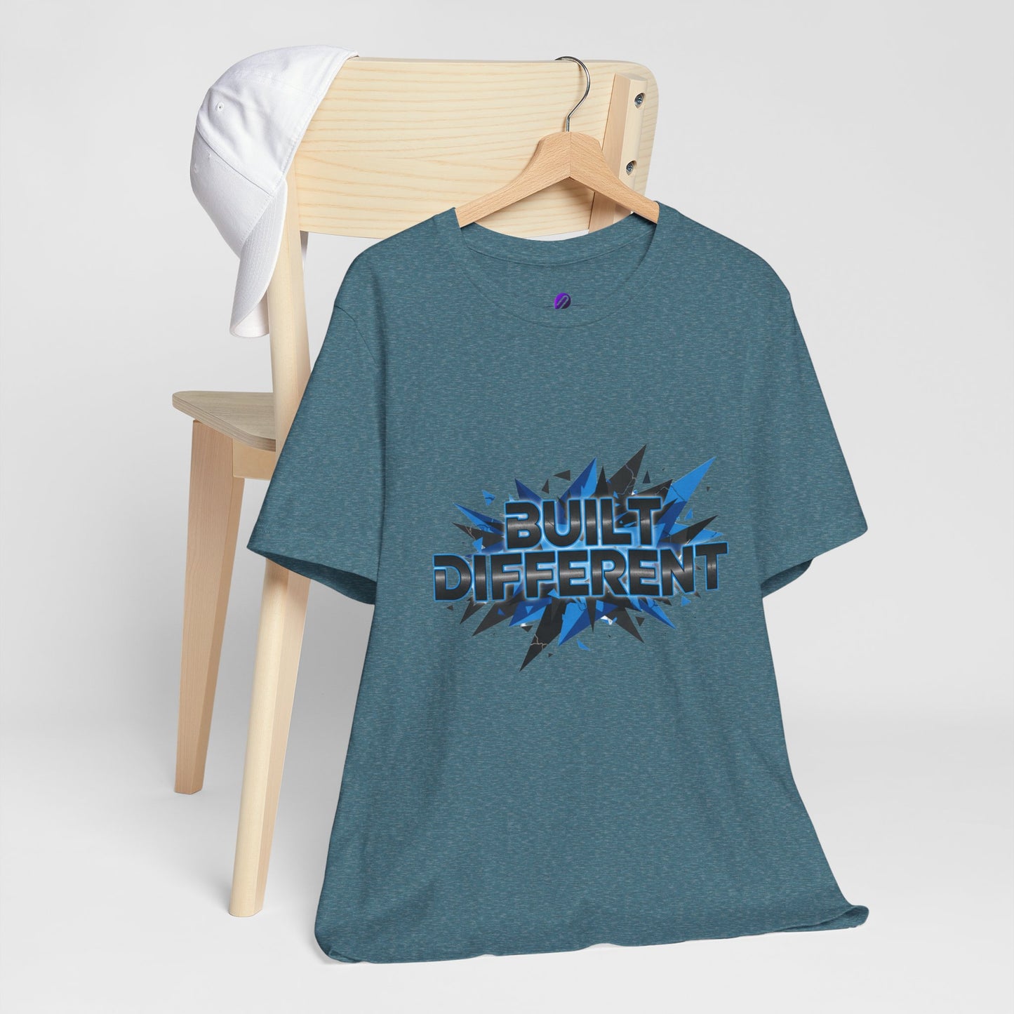 Built Different Graphic Tee — Bold Blue Comic-Style 'Built Different' T-Shirt