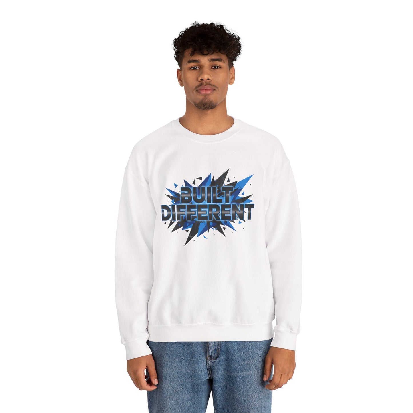 Sweatshirt — "Built Different" Graphic Crewneck (Bold Blue Burst)