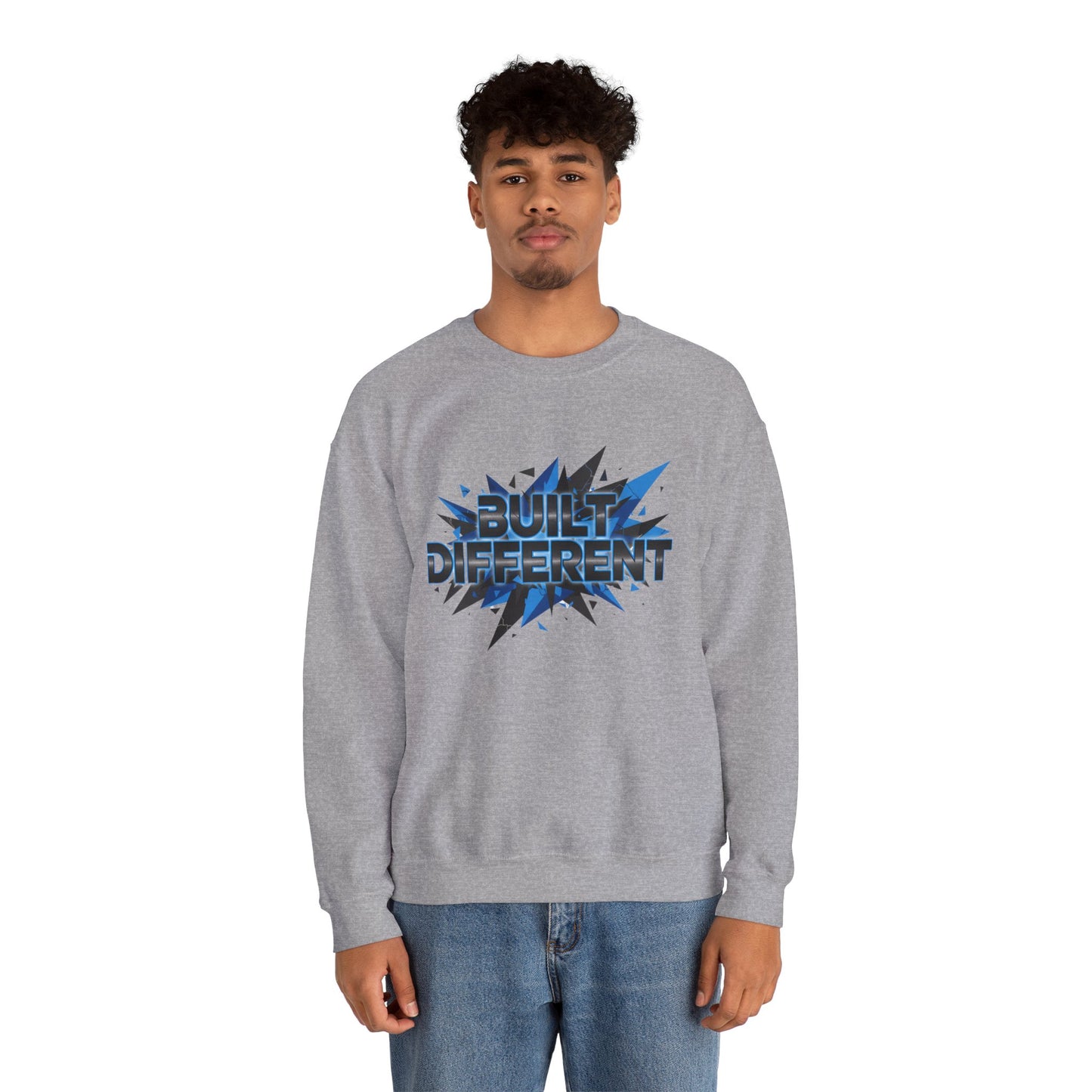 Sweatshirt — "Built Different" Graphic Crewneck (Bold Blue Burst)