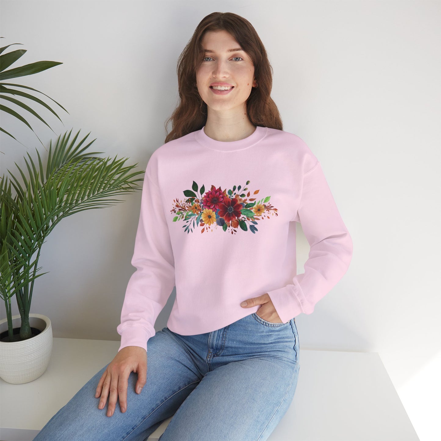 Floral Bouquet Crewneck Sweatshirt — Autumn Red & Orange Flower Design