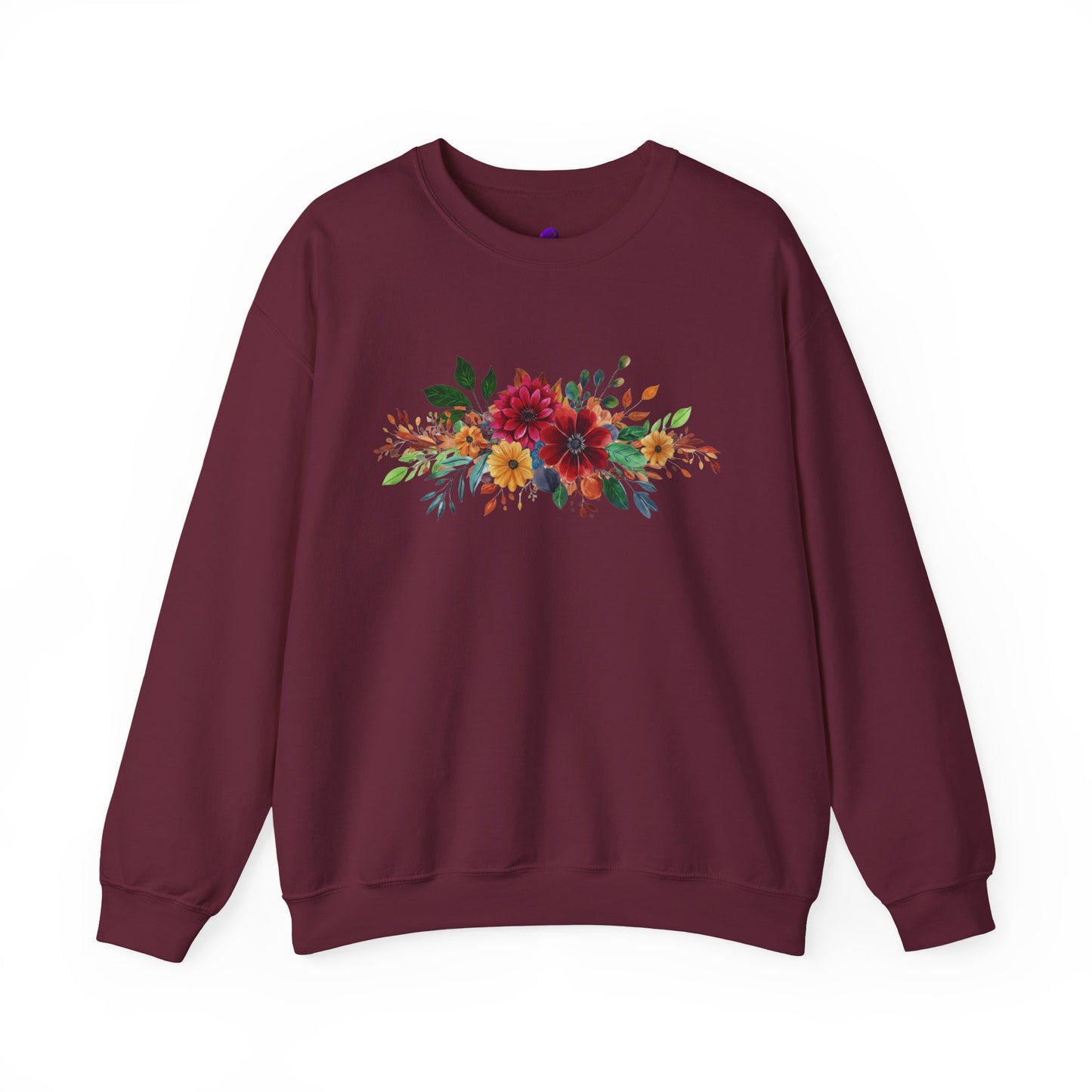 Floral Bouquet Crewneck Sweatshirt — Autumn Red & Orange Flower Design