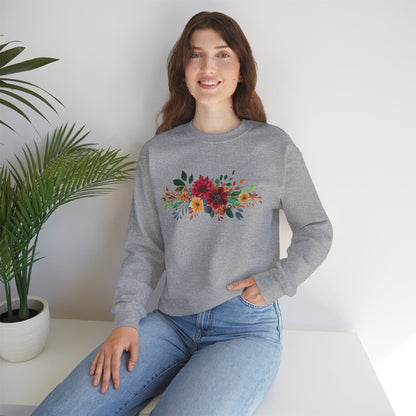 Floral Bouquet Crewneck Sweatshirt — Autumn Red & Orange Flower Design