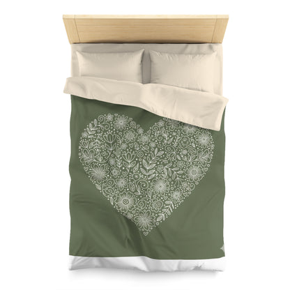 Floral Heart Duvet Cover – Olive Green Microfiber Bedding