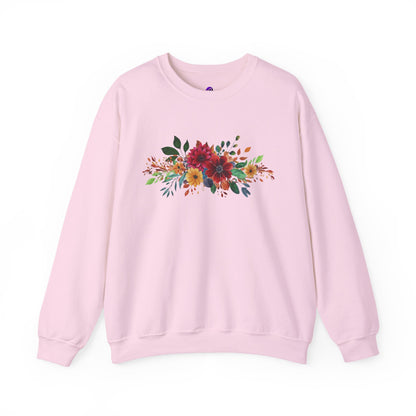 Floral Bouquet Crewneck Sweatshirt — Autumn Red & Orange Flower Design