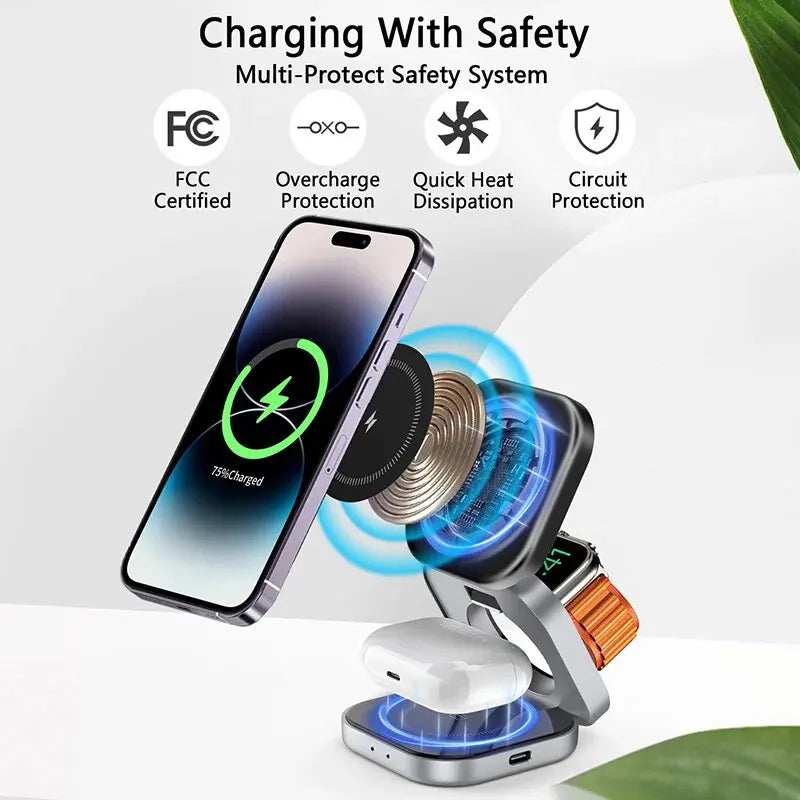3-in-1 Foldable Magnetic Wireless Charger Stand for iPhone, Apple Watch & AirPods