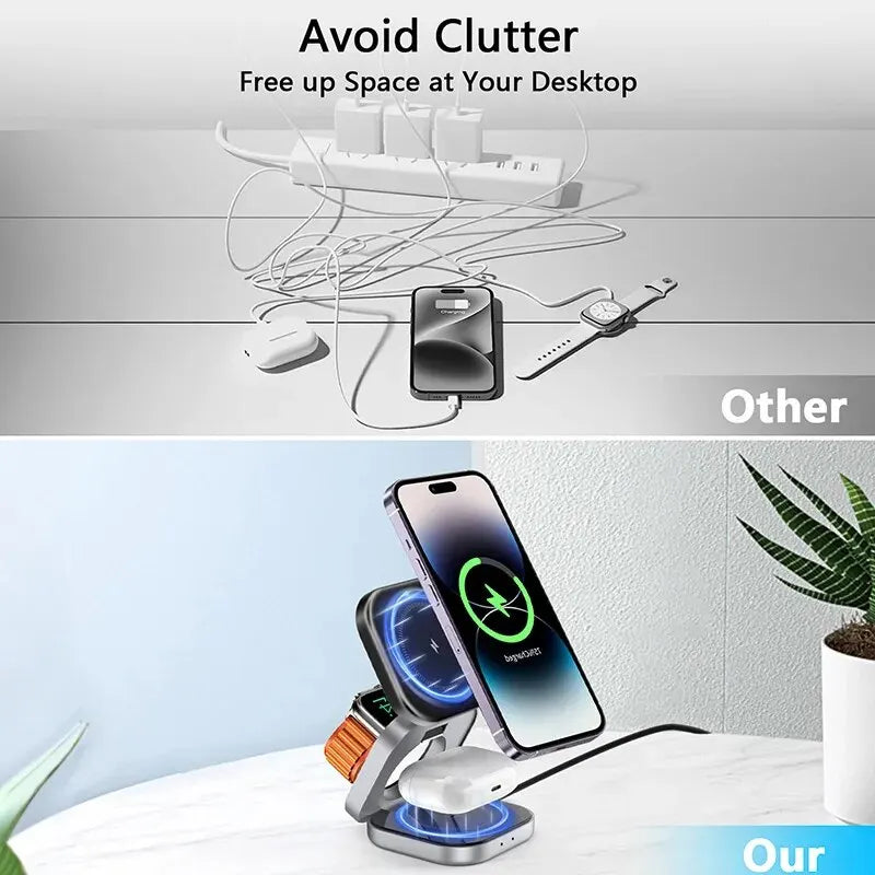 3-in-1 Foldable Magnetic Wireless Charger Stand for iPhone, Apple Watch & AirPods