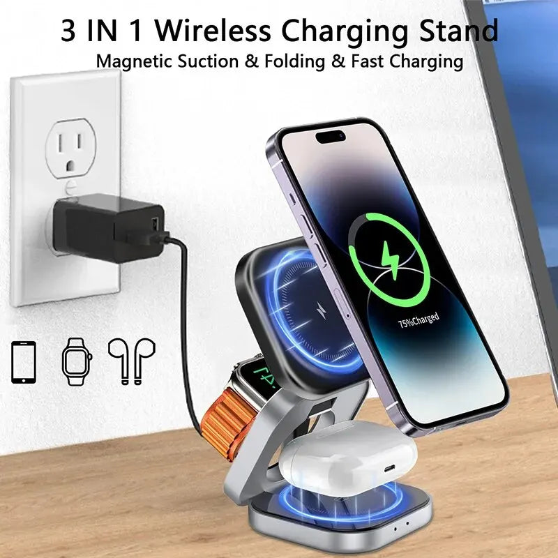 3-in-1 Foldable Magnetic Wireless Charger Stand for iPhone, Apple Watch & AirPods