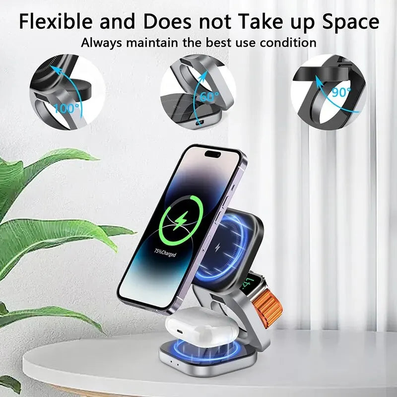 3-in-1 Foldable Magnetic Wireless Charger Stand for iPhone, Apple Watch & AirPods